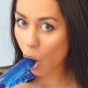 Cindy shows off her oral skills and then fucks herself with her smurf like toy